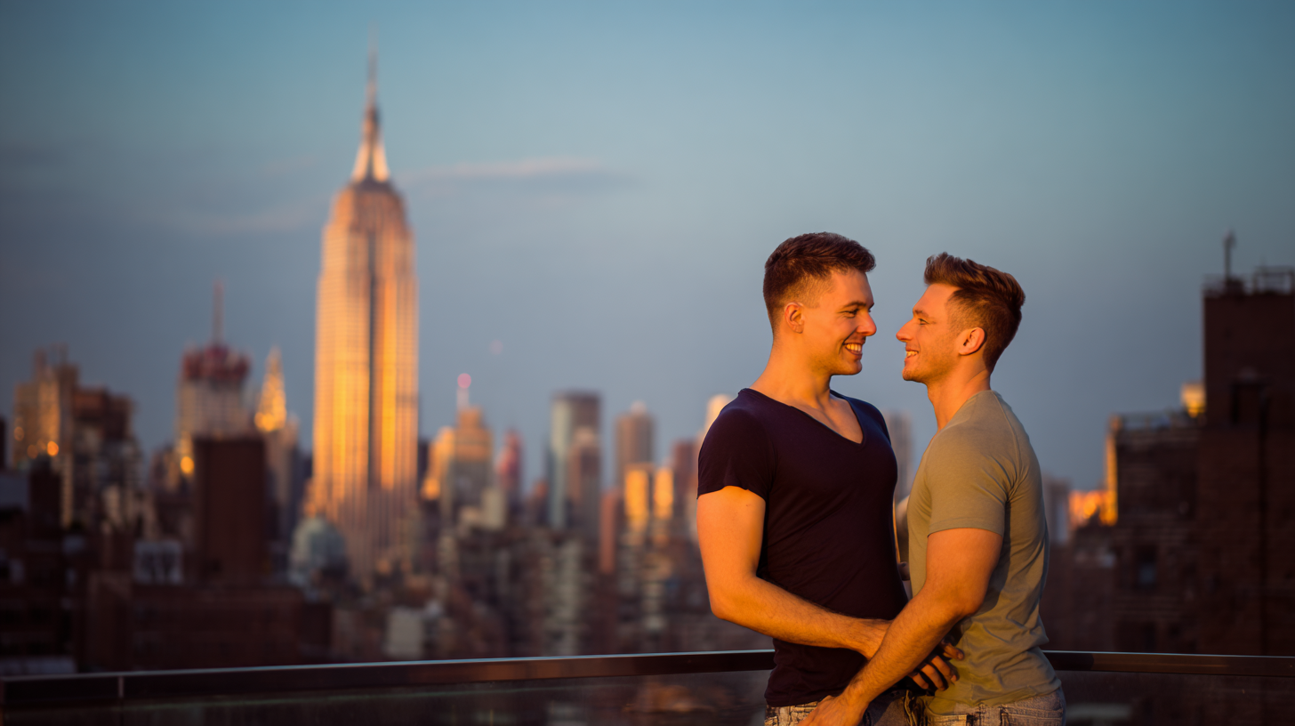 Gay couple embracing on a Manhattan rooftop with the New York skyline at sunset.