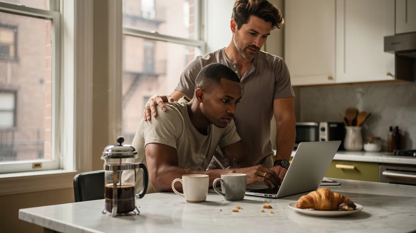 The image depicts two gay male partners in a cozy Chelsea apartment kitchen on a quiet Sunday morning, engaged in a candid moment at a marble island. One partner, shorter with darker skin and an athletic build, leans over an open laptop, while the taller partner with lighter skin stands behind him, both wearing wedding bands, suggesting a deep emotional connection and commitment within their relationship.