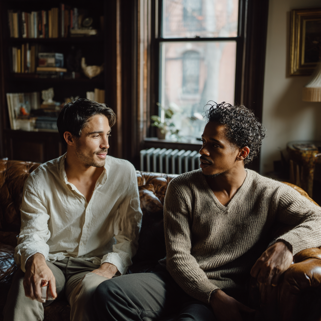 Gay couple in a Park Slope brownstone after months of couples therapy for open relationships, repair visible in the quiet attention between them