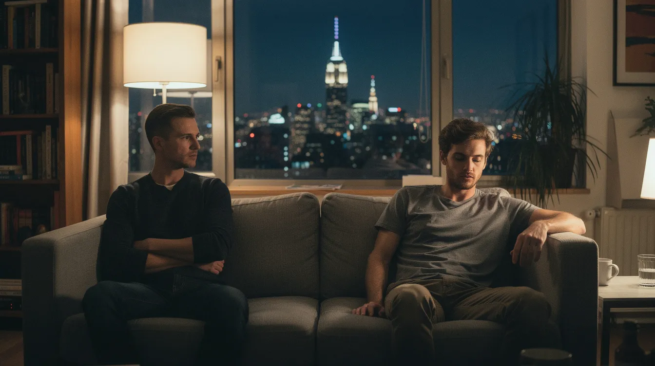 In a realistic cinematic photograph, two gay men sit quietly on opposite sides of a couch in a Manhattan apartment at night, with the Empire State Building illuminated through the window. The scene captures an emotional distance yet calm atmosphere, reflecting the unique challenges and relationship dynamics often faced by same-sex couples, set against the backdrop of city lights and soft apartment lighting.