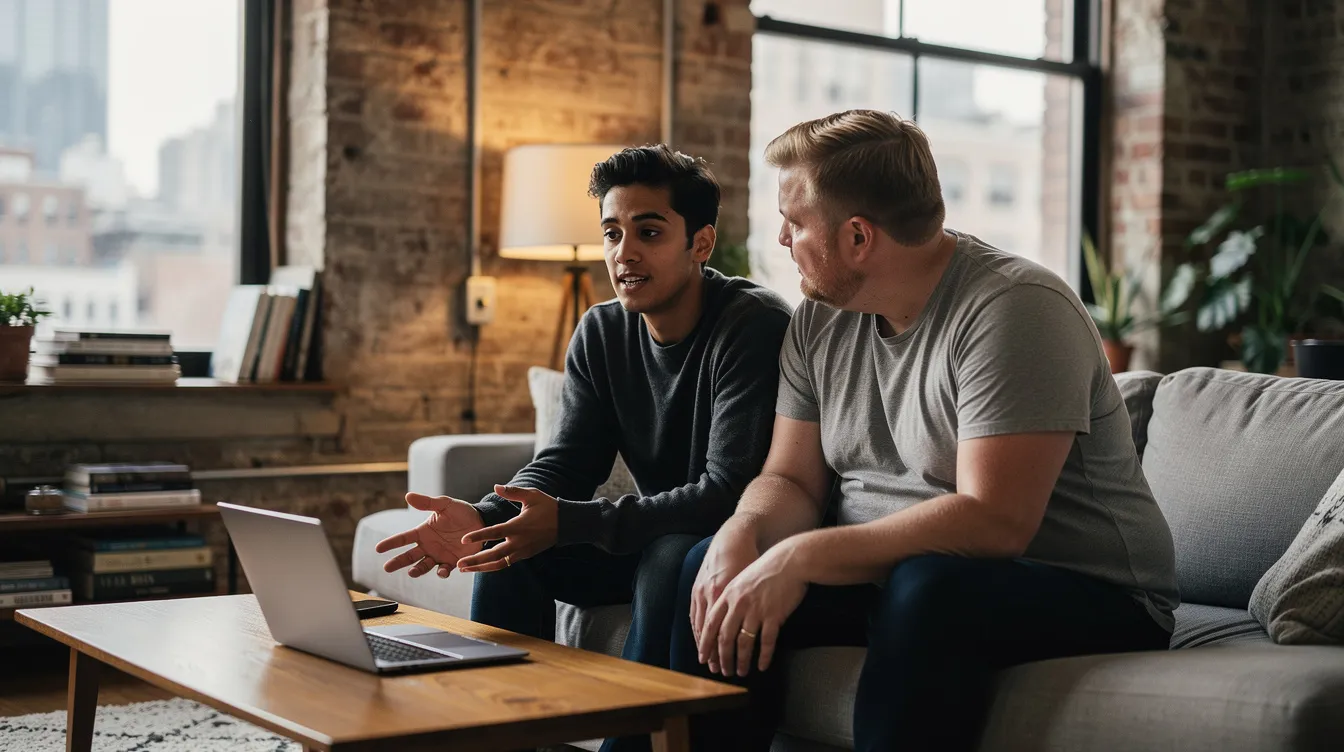 In a cozy Tribeca loft, two gay male partners in their early 30s engage in an online couples therapy session, focusing on their emotional connection. One partner, with warm olive skin and dark wavy hair, speaks thoughtfully while the other, with paler skin and ash-blond hair, listens attentively, both displaying their commitment through visible wedding bands.