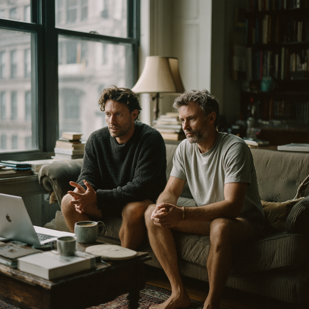 Gay couple in a Manhattan apartment during an online couples therapy session focused on open relationship counseling