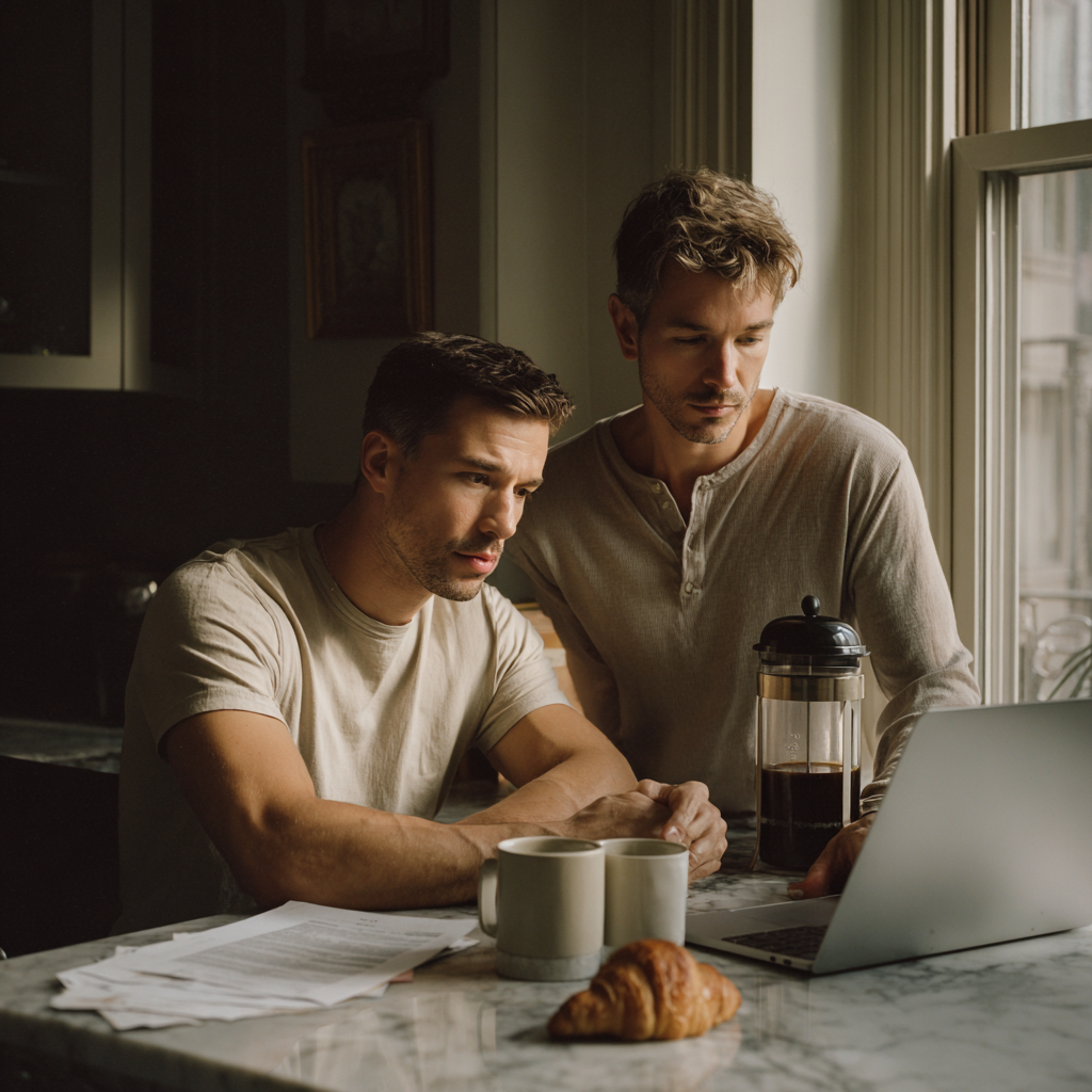 Manhattan gay couple negotiating an open relationship agreement together at home over coffee