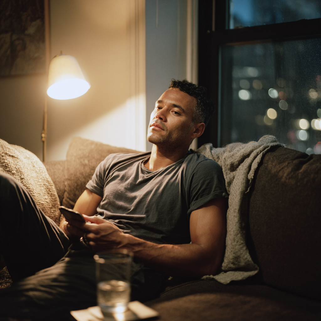 Gay partner alone in a Brooklyn Heights apartment processing the attachment fears that surface in couples therapy for open relationships