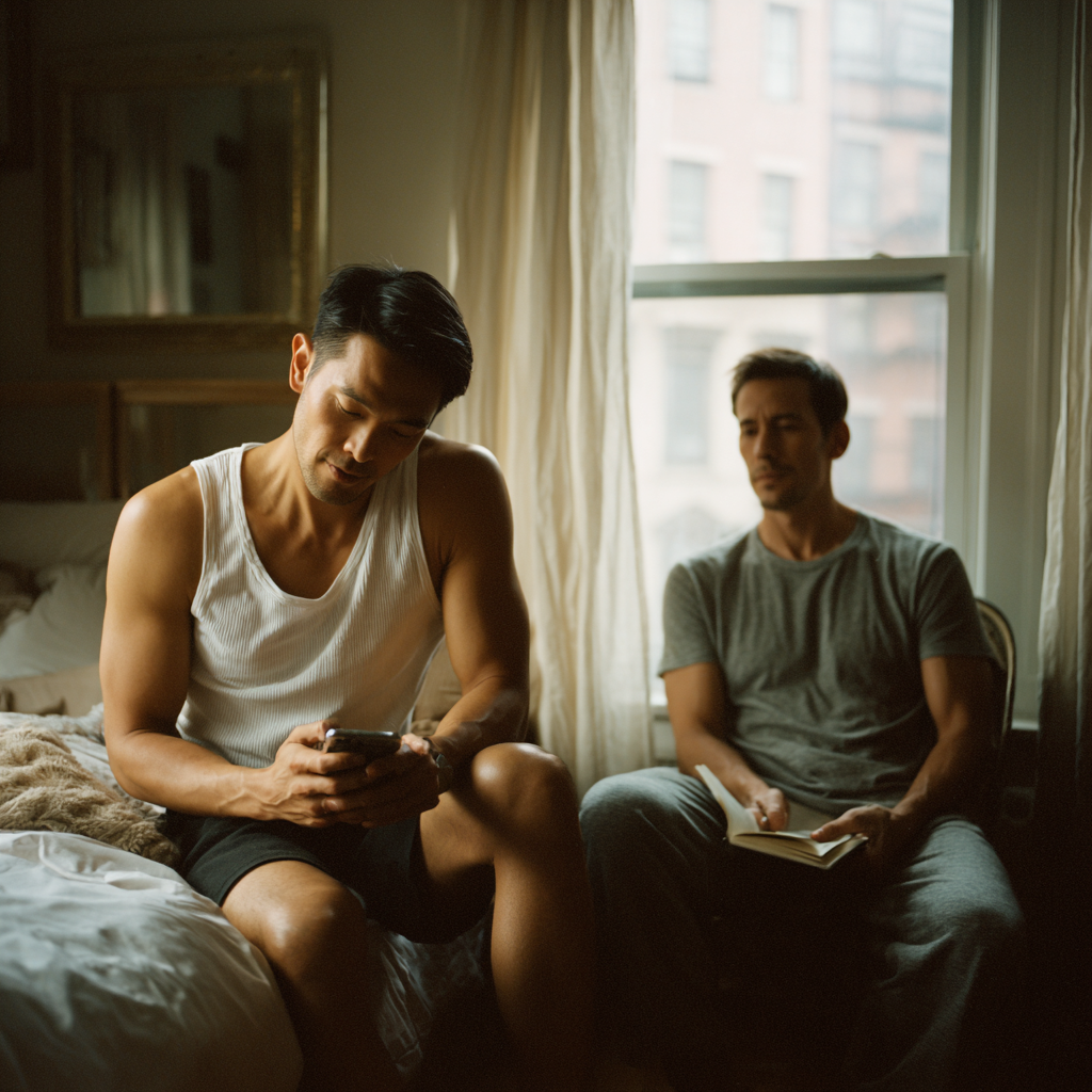 Gay couple in a West Village apartment with one partner more engaged than the other, a common pattern explored in open relationship counseling