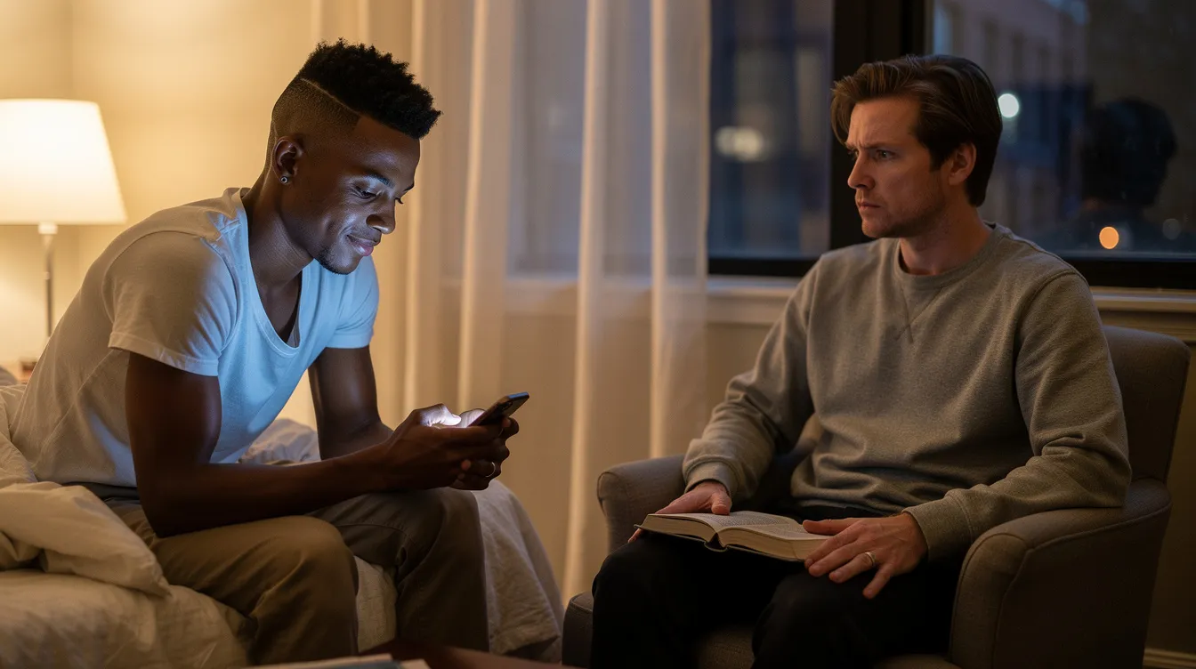 In a dimly lit West Village bedroom, two gay male partners in their early 30s exhibit a quiet emotional disconnection; one sits on the bed scrolling his phone with a faint smile, while the other, in an armchair by the window, watches him with a guarded expression. Both wear wedding bands, highlighting their commitment amidst the backdrop of their diverse relationship structure, as ambient light casts soft shadows around them.