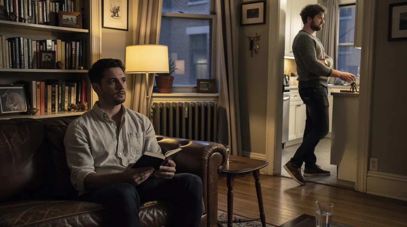 The image depicts two gay male partners in their early 30s in a cozy Park Slope brownstone living room, showcasing their emotional connection and romantic partnership. One man sits on a vintage leather sofa with an open novel, while the other stands near the kitchen, both wearing wedding bands and embodying a quiet, non-judgmental atmosphere typical of open relationships.