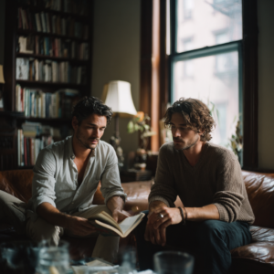 Gay couple sitting apart in a Brooklyn brownstone living room, the emotional distance that brings many partners to couples therapy for open relationships