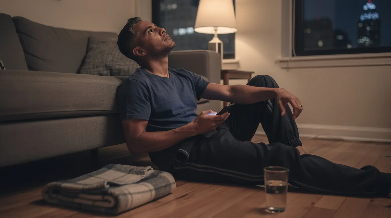 A gay male partner in his early 30s sits alone on the floor of a Brooklyn Heights apartment, leaning against a low sofa in a moment of quiet vulnerability. He holds his phone face-down, with warm light illuminating half his face, while the distant glow of lower Manhattan is visible through the window, reflecting the complexities of modern relationship styles, including open relationships and consensual non-monogamy.